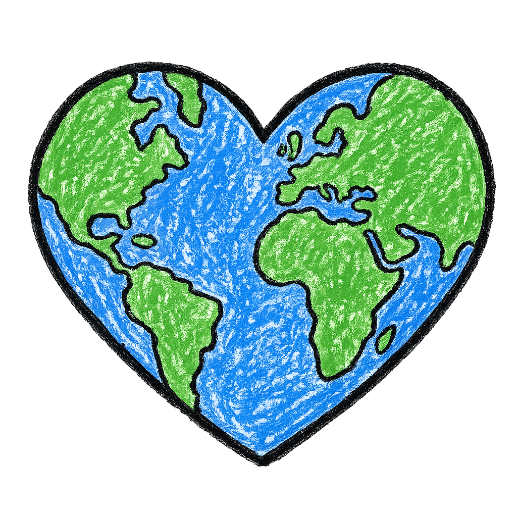 $WORLD — a crayon-drawn heart-shaped Earth
